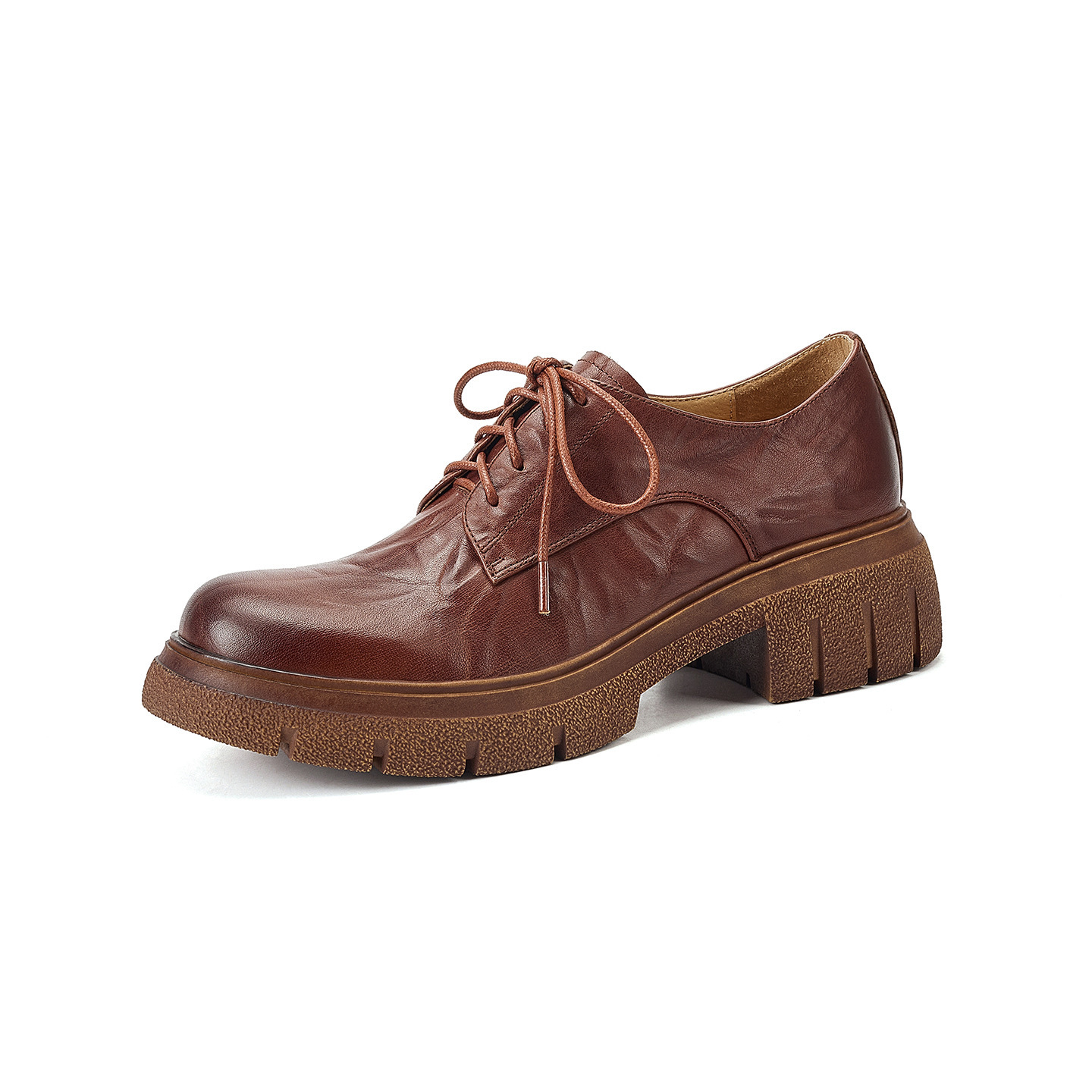 Giày nữ đế xuồng platform da bò đánh bóng phong cách vintage, gót 4 cm — màu nâu