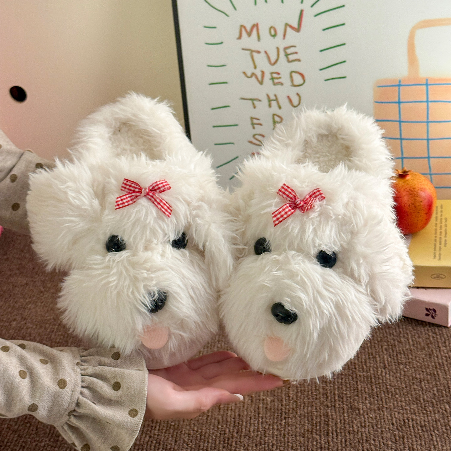 Pantuflas de Peluche Diseño Perrito para Mujer, TPR y Peluche, Antideslizantes, Térmicas, para Casa y Dormitorio