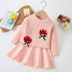 Children's sweater for girls, new autumn and winter edition, stylish long-sleeved knit top, Korean-style children's sweater with strawberry pattern, set with skirt
