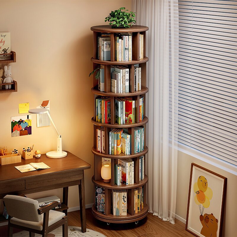 Solid wood rotating bookshelf 360 degree floor-standing mobile storage rack integrated with small narrow cabinets near the wall household corner bookcase