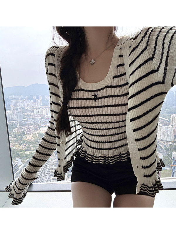 titi小姐姐【D1or私服条纹派】针织衫女秋V领开衫外套背心两件套|undefined