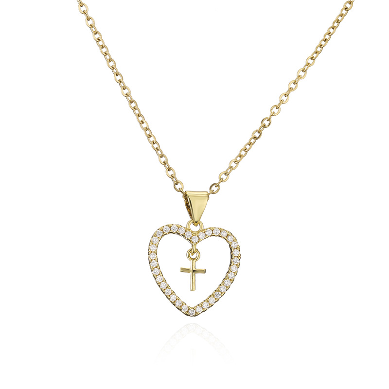 Fashion Copper Micro-inlaid Zircon Jewelry New Gold Heart Cross Pendant Necklace display picture 6