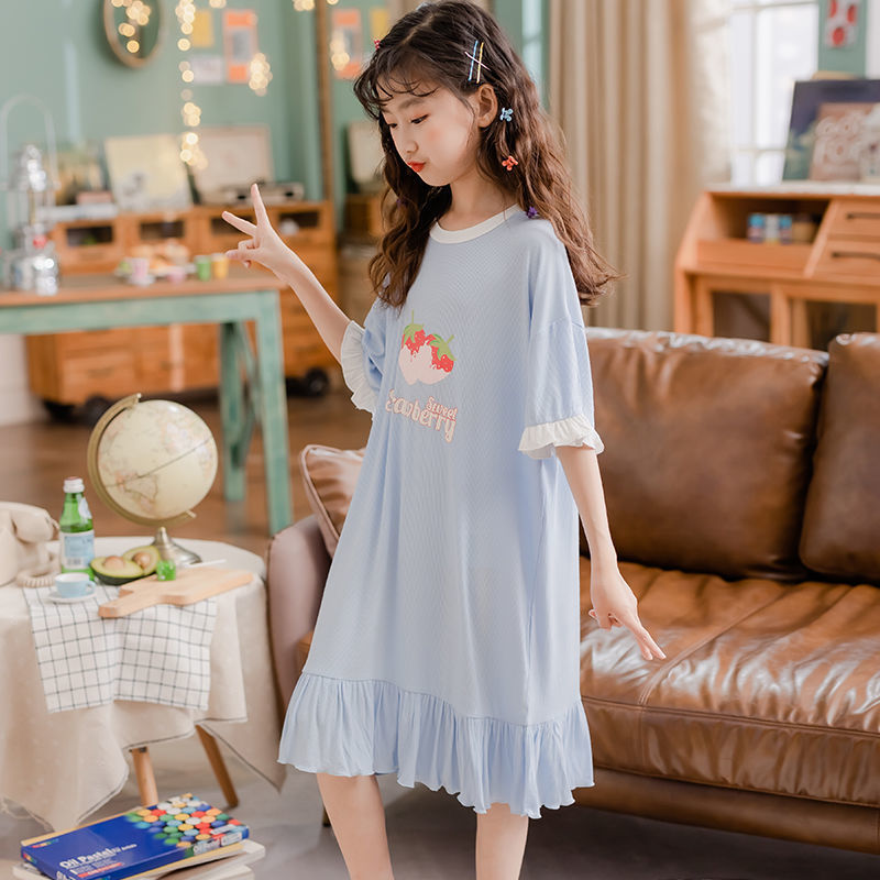 女童睡裙夏季儿童薄款公主家居服亲子母女空调服女孩大童短袖睡衣