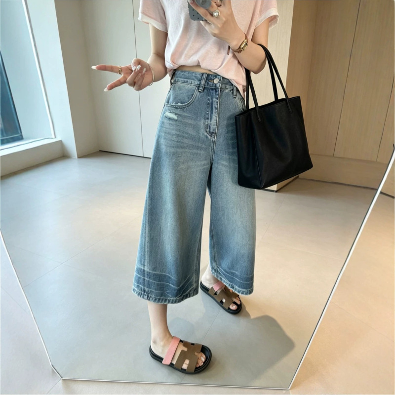 Signature Product of the Store!~ Cool Tencel Cropped Jeans for Women, Summer Thin Style, Retro High-Waisted Loose Ripped Wide-Leg Pants Signature Product of the Store!~ Cool Tencel Cropped Jeans for Women, Summer Thin Style, Retro High-Waisted Loose Ripped Wide-Leg Pants
