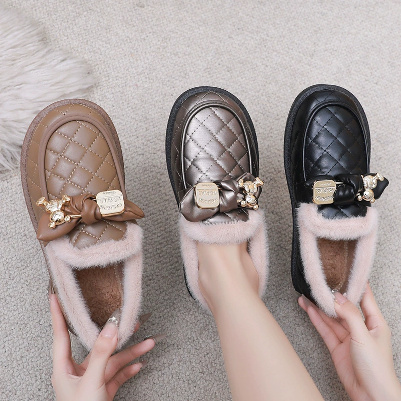 Зимние новые ботинки из бобов женские бархатные утолщенные теплые и нескользкие пушистые туфли модные домашние хлопчатобумажные туфли