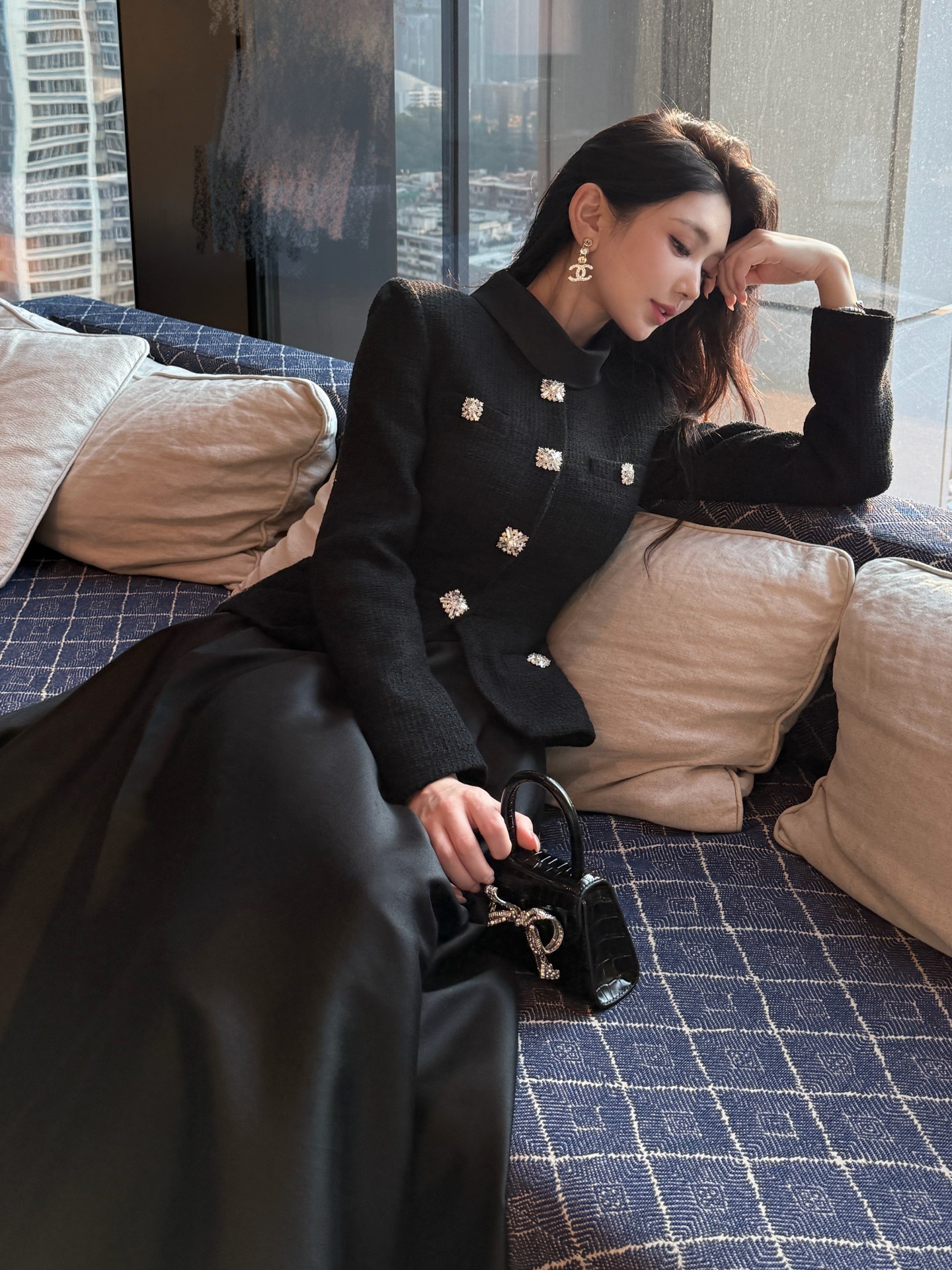 2025 Autumn Winter New Women's Black Tweed Patchwork Elegant Long Sleeve Small Stand Collar Dress Evening Gown_ecoleips.com