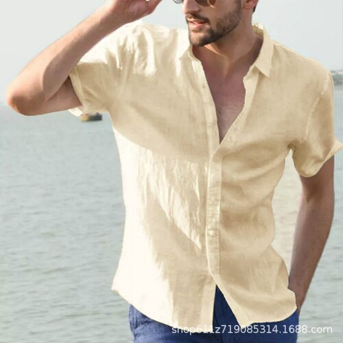 European and American men's summer new style pure color short-sleeved lapel fashionable cardigan casual thin shirt for men