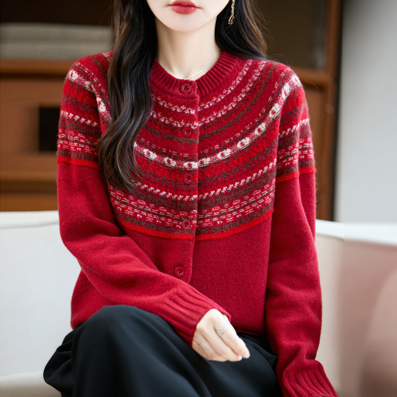 浪漫秋冬感羊毛开衫女圆领针织提花拼色费尔岛图案毛衣外套25新款|undefined
