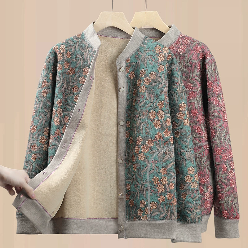 Для мам среднего и пожилого возраста осенне-зимнее теплое пальто на флисовой подкладке, Женская старая одежда, утолщенный кардиган для бабушки, топ для старой леди