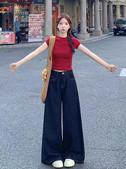 大码复古美式牛仔裤女2025春夏胖mm宽松高腰显瘦直筒阔腿拖地裤子