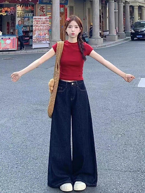 大码复古美式牛仔裤女2025春夏胖mm宽松高腰显瘦直筒阔腿拖地裤子|undefined