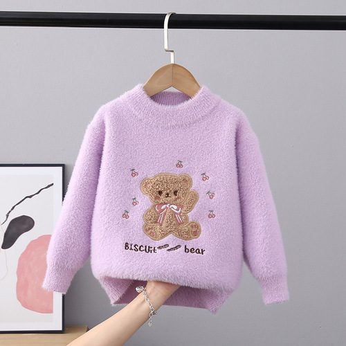 2024 Autumn and Winter Children's Sweater Pullover Tops Girls' Round Neck Sweater Mink Velvet Middle Children Western Style Cartoon Long Sleeves