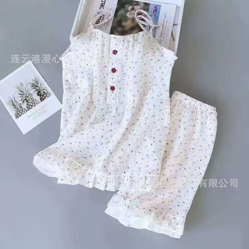 European and American style plus-size pajamas, pure cotton, women's summer two-piece set with double-layer gauze and printed design, direct from the factory for cross-border sales