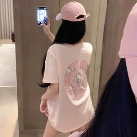 粉白撞色十字架猫咪重工梵文烫钻短袖女t恤夏2025新款减龄半袖衫