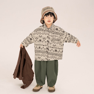 Changguo Children's Clothing Boys' Shirts Autumn Retro Spring and Autumn Shirts for Young Children Korean Style Long-Sleeve Tops for Little Boys