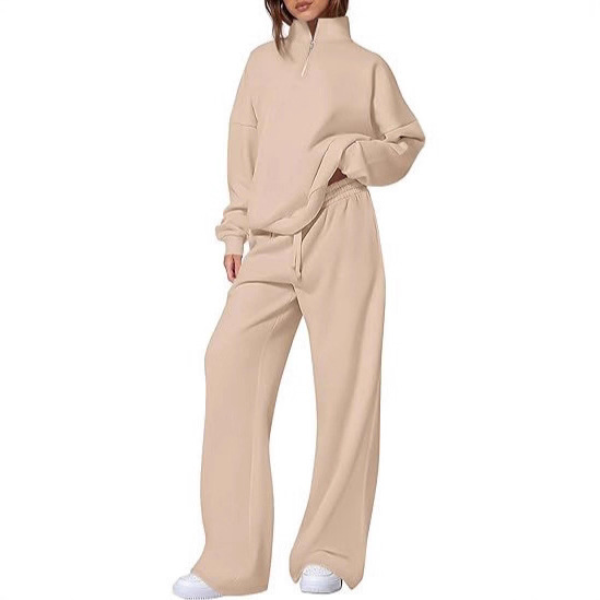 Amazon Cross-Border Women's Two-Piece Casual Half-Zip Suit Stand Collar Ribbed Sports Travel Fashion Wide Legs