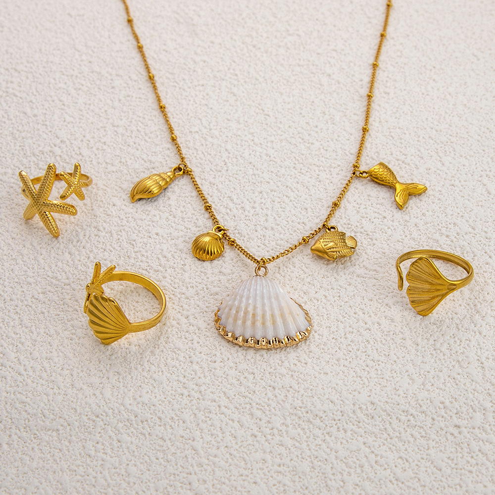 Rings, Earrings, Necklace Classification 1 Piece, 1 Pair Quantity PVD Coated Real Gold Plated Scallop Conch Fish Tail 304 Stainless Steel Marine Style Classic Style Waterproof Non Tarnish Rings Earrings Necklace
