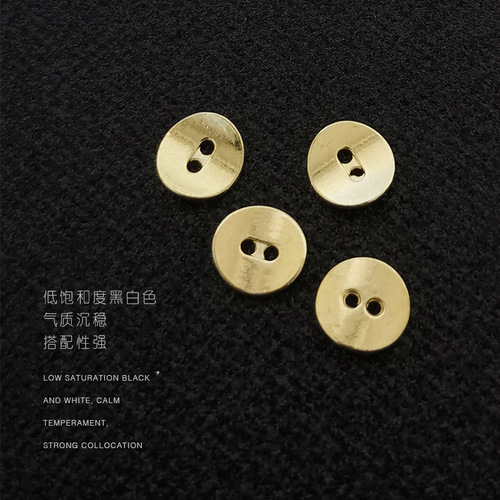 Button-up gold metallic buttons for a 11MM button-down shirt, front placket and sleeve buttons, knitted open jacket with two front eyelet buttons