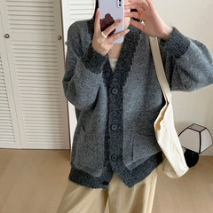 复古温柔风软糯撞色V领针织开衫女秋冬新款显瘦气质宽松毛衣外套