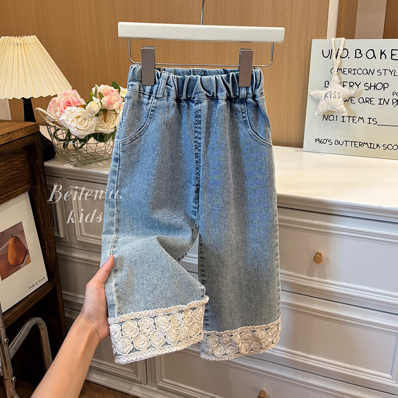 Girls Korean Style Jeans Autum Girls New Style Little Girls Fashionable Lace Straight Pants Autum Casual Pants
