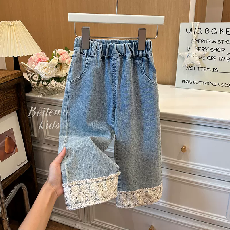 女童韩版牛仔裤秋季女孩新款小女孩时尚洋气花边直筒裤秋装休闲裤