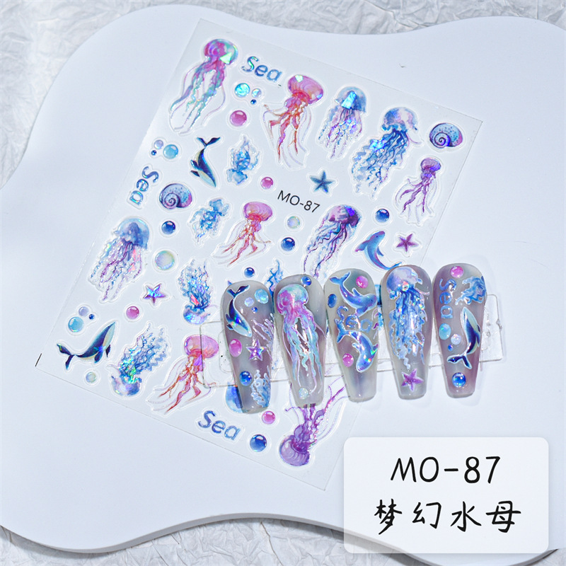 En línea de la celebridad de alivio láser Aurora líquido colorido mariposa pegatinas de uñas de verano fantasía océano medusas calcomanías de uñas