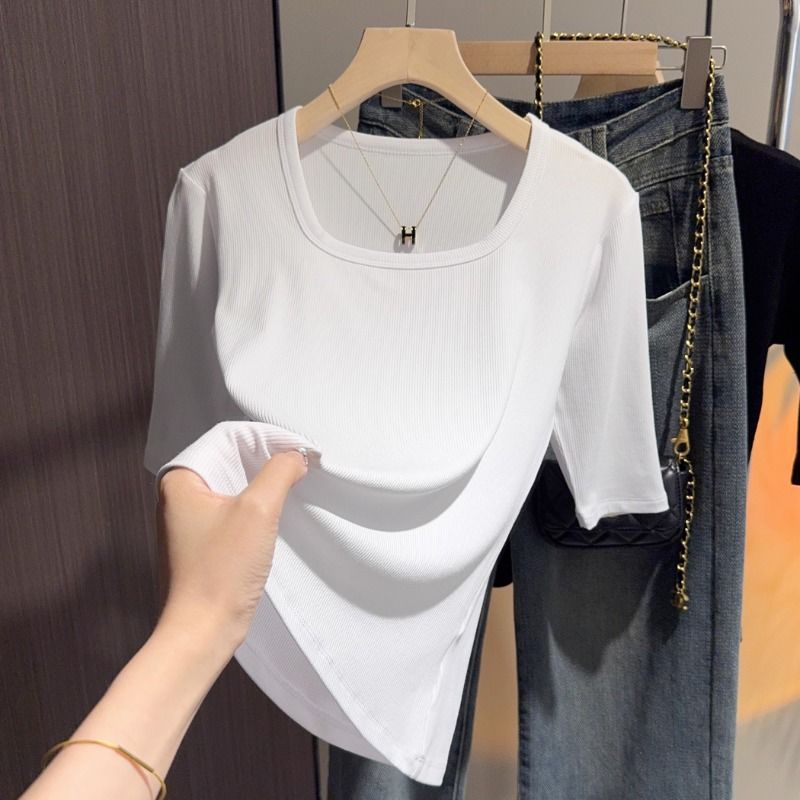 화이트 - 스퀘어 칼라, 7부소매, 솔리드 컬러