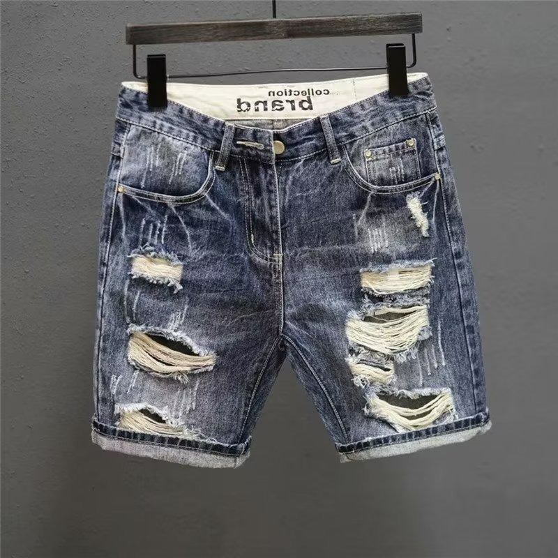 Denim Shorts Men's Summer Trendy Shorts Personalized Ripped Beggar Pants Men's Slim-fit Straight Casual Handsome Pants