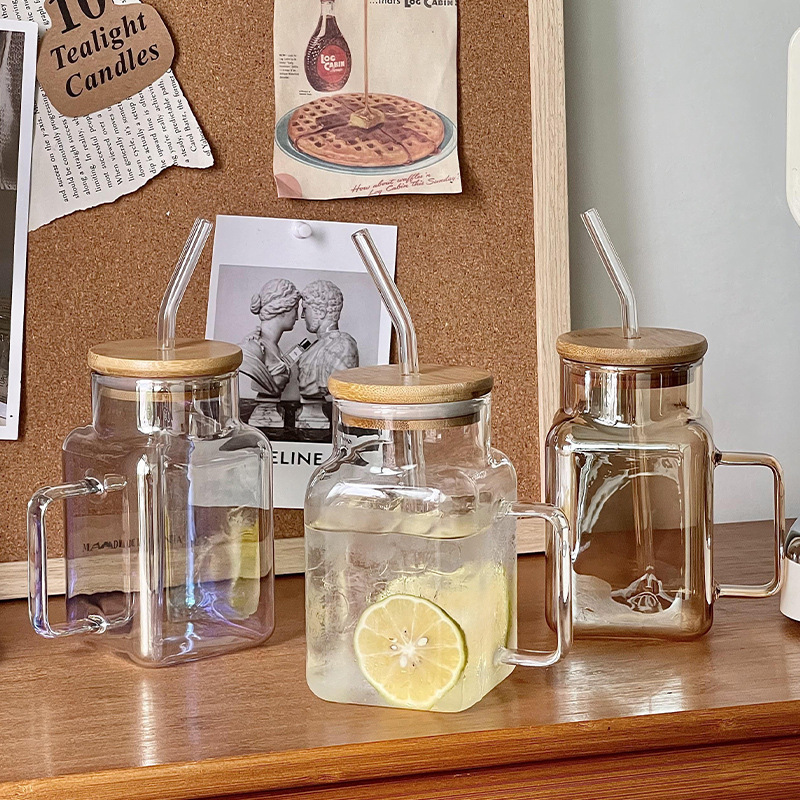 Vaso de vidrio de paja ins ventilador de alta borosilicona para el hogar con marca de taza de agua de gran capacidad de oficina con taza de tapa