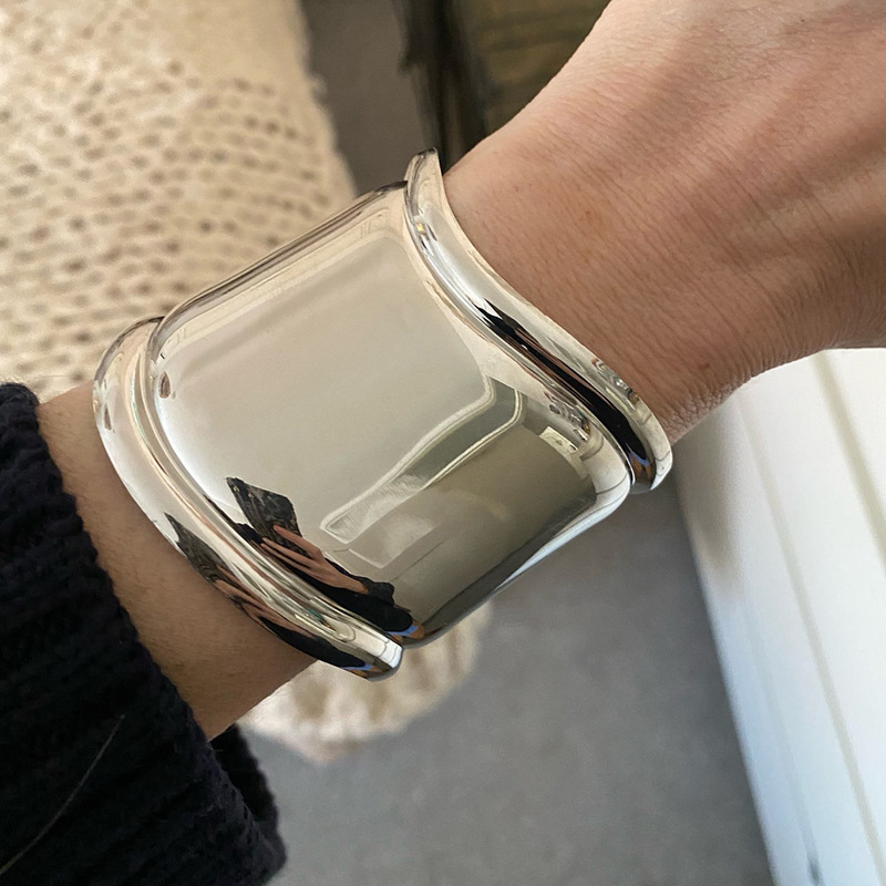 ins Irregular Wide Glossface Metal Bracelet Women's European and American-style All-match Alloy Cuff Bracelet