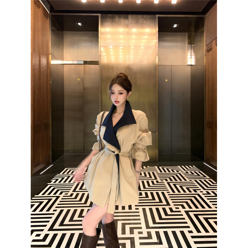 韩系气质设计感短款质撞色收腰翻领系带大衣风衣外套女|undefined