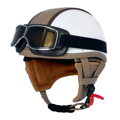 Motosiklet kaskı (dəbilqə) — Cross-border Motorcycle Helmet Retro Half Helmet - bright-white-coffee-leather-square-retro-mirror-s