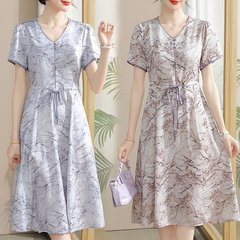 小柄ママの夏ワンピースお腹カバー中年新作中高年女性夏半袖スカート