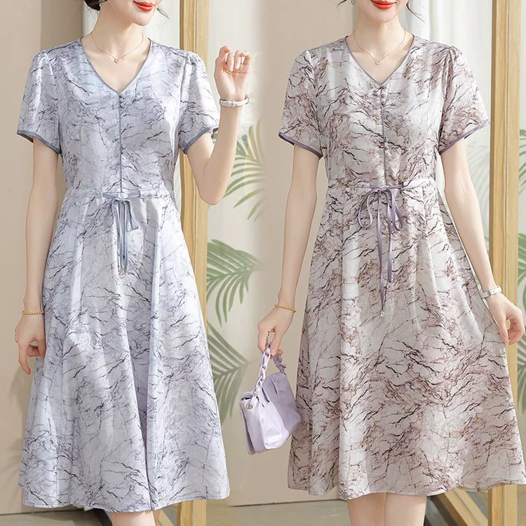 Летнее платье для миниатюрных мам, стильное платье для маскировки живота, новое летнее платье с короткими рукавами для женщин среднего и пожилого возраста.