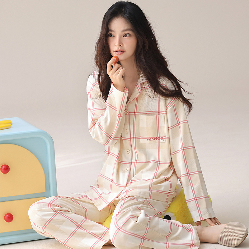 Japanese-style plaid pajamas for women, long-sleeved, spring and autumn style, thin summer version, soft and cozy home wear set, can be worn outside Japanese-style plaid pajamas for women, long-sleeved, spring and autumn style, thin summer version, soft and cozy home wear set, can be worn outside