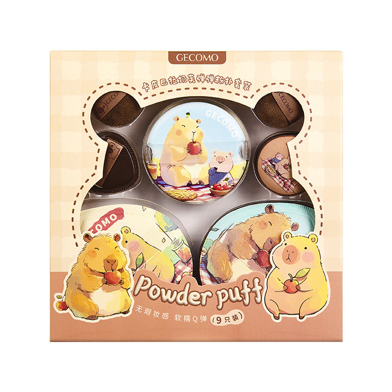 GECOMO Kapibala Thumb Puff Kit Caja Polvo suelto Flocado Maquillaje suave Cojín de doble uso agradable para la piel Puff