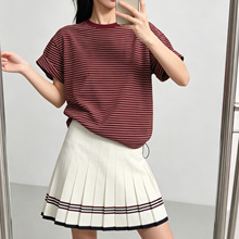 现货 莹系风条纹短袖T恤女夏宽松慵懒风圆领撞色条纹休闲百搭上衣