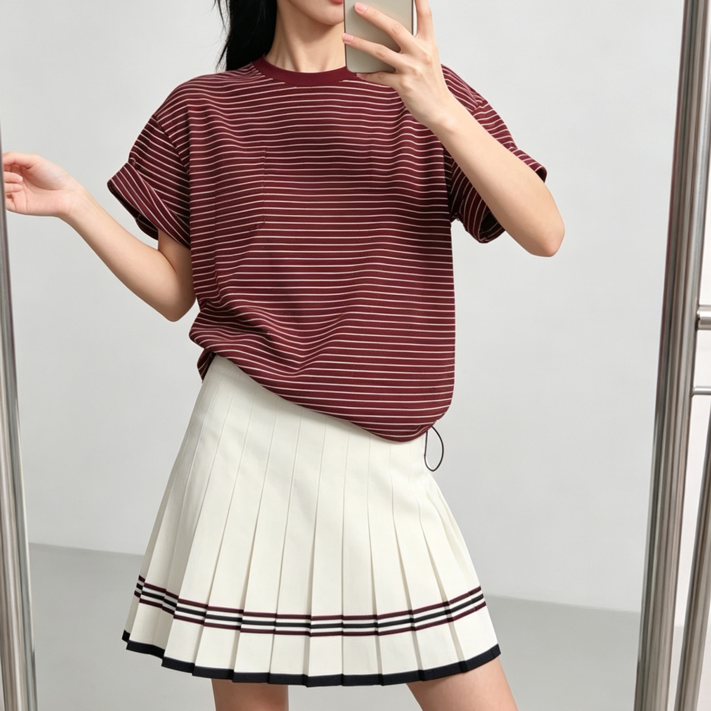 现货 莹系风条纹短袖T恤女夏宽松慵懒风圆领撞色条纹休闲百搭上衣