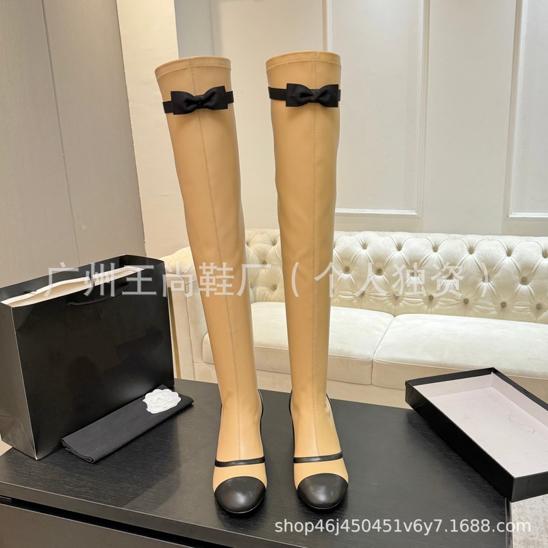 高定25年新款小香风名媛玛丽珍圆头粗跟拼色后拉链百搭蝴蝶结高靴|undefined