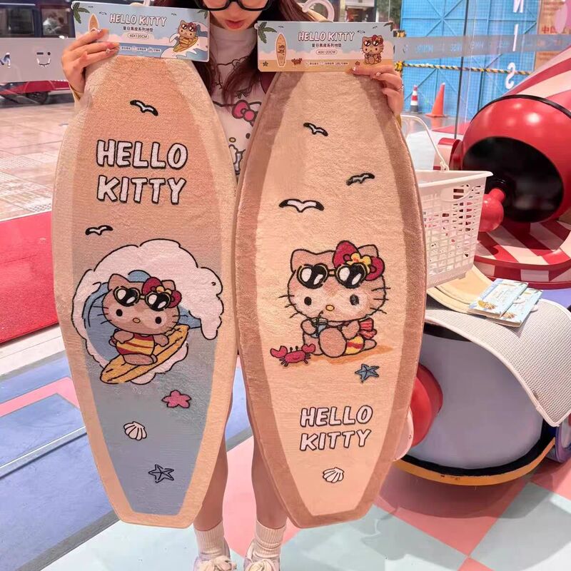hellokitty地毯新款冲浪黑皮kt猫床边毯脚垫女生挂毯长条毛绒地毯|undefined