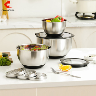 Cross-Border Silicone Bottom Egg-Beating Basin with Visible Lid and Scale 304 Stainless Steel Salad Basin Baking Set with Grater