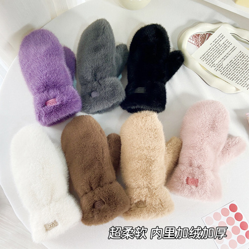 Winter Warmth Cute Plush Xinji Mittens, Thick Outdoor Cycling Double Layer Women's Fuzzy Finger Mittens