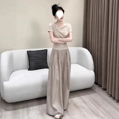 韩版高级感褶皱荡领短袖T恤女夏季显瘦设计感卡腰气质短款小上衣