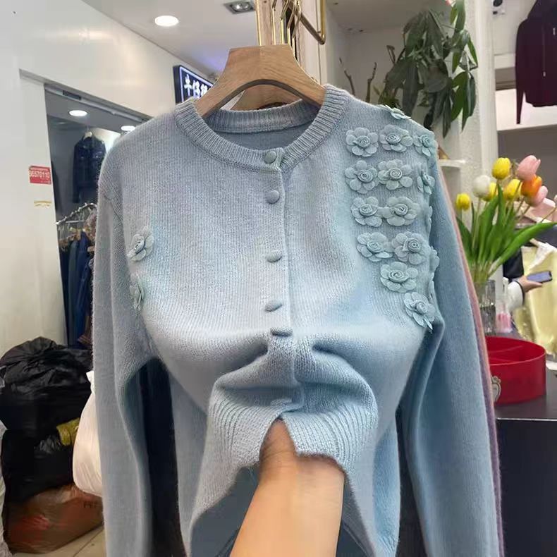 2026 otoño nuevo cuello redondo ropa de mujer flor tridimensional jersey de punto suéter abrigo de otoño superior image 8