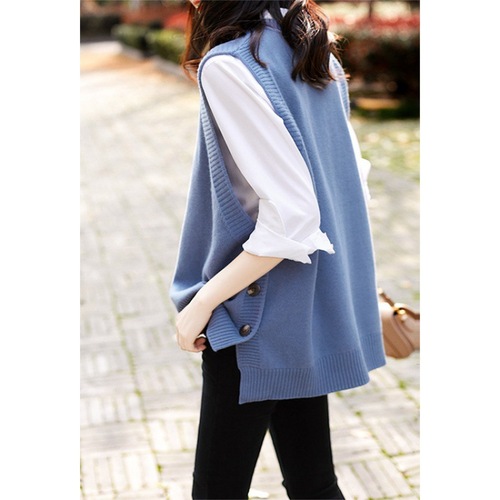 Spring and Autumn New Smog Blue Knitted Vest Feminine Age-Reducing Jacket Round Neck Artistic Vest Casual Women's Wear