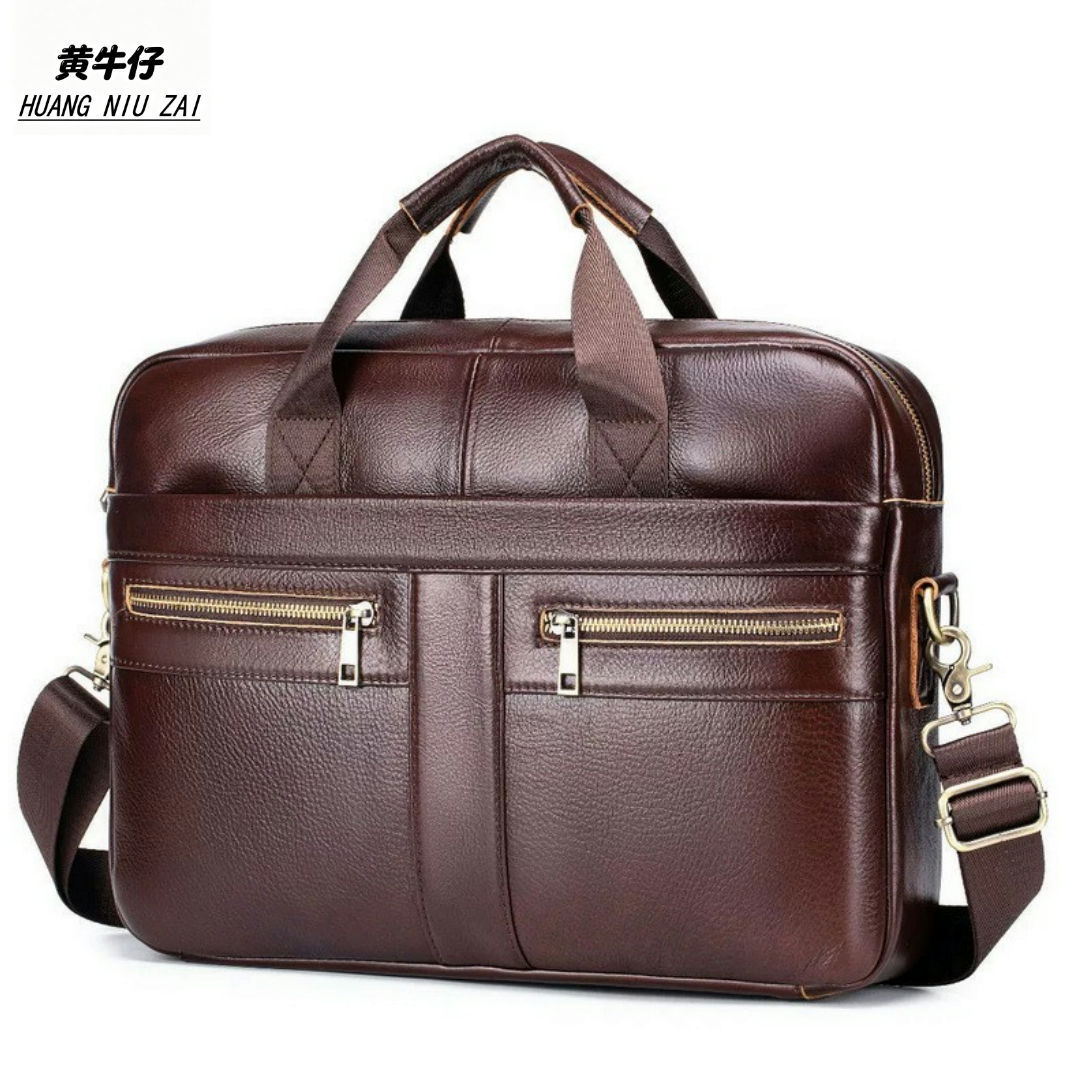 Cross-Border Men's Briefcase Genuine Leather Men's Bag Business Bag 14inch Computer Bag Men's Portable Shoulder Business Bag Wholesale
