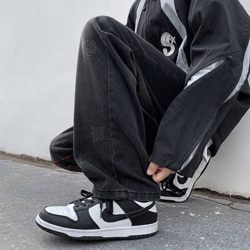 Pantalones de mezclilla de los hombres de primavera estilo coreano sueltos rectos jóvenes estilo de Hong Kong ins personalidad guapo pantalones de pierna ancha casual