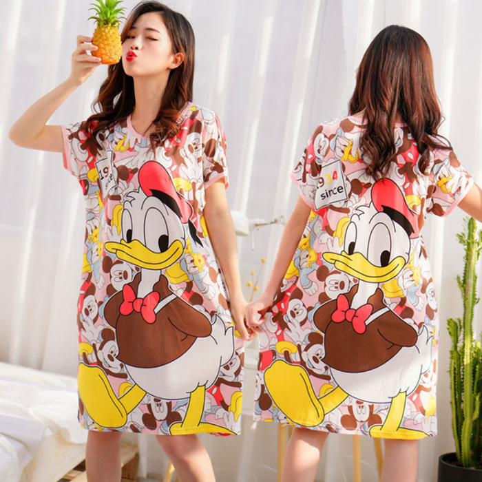 Camisón de las mujeres del verano Delgado manga corta nueva línea rojo estilo pijamas dibujos animados lindo señoras vestido flojo desgaste hogar