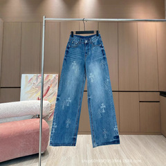 25春の新型大衆デザイン潮牌プリントクロス高腰ストレートジーンズ女性モデル