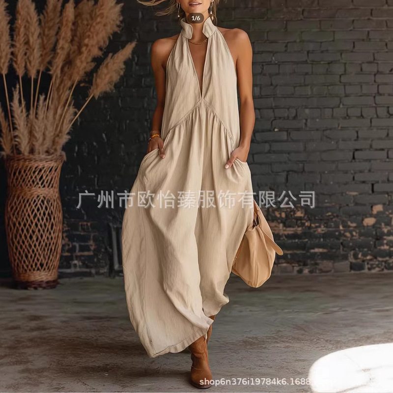 European and American Independent Websites Amazon Aliexpress 2026 Summer New Elegant Holiday Style Stand-Collar Cotton and Linen Dress